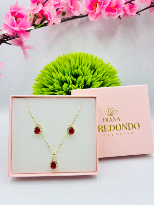 SET CADENA CON ARETES GOTA ROJO