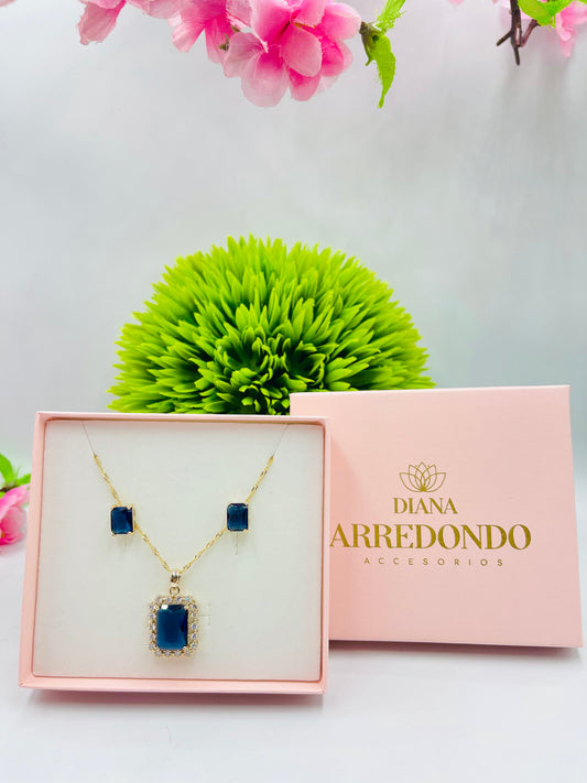 SET CADENA CON ARETES RECTANGULO CRISTAL AZUL